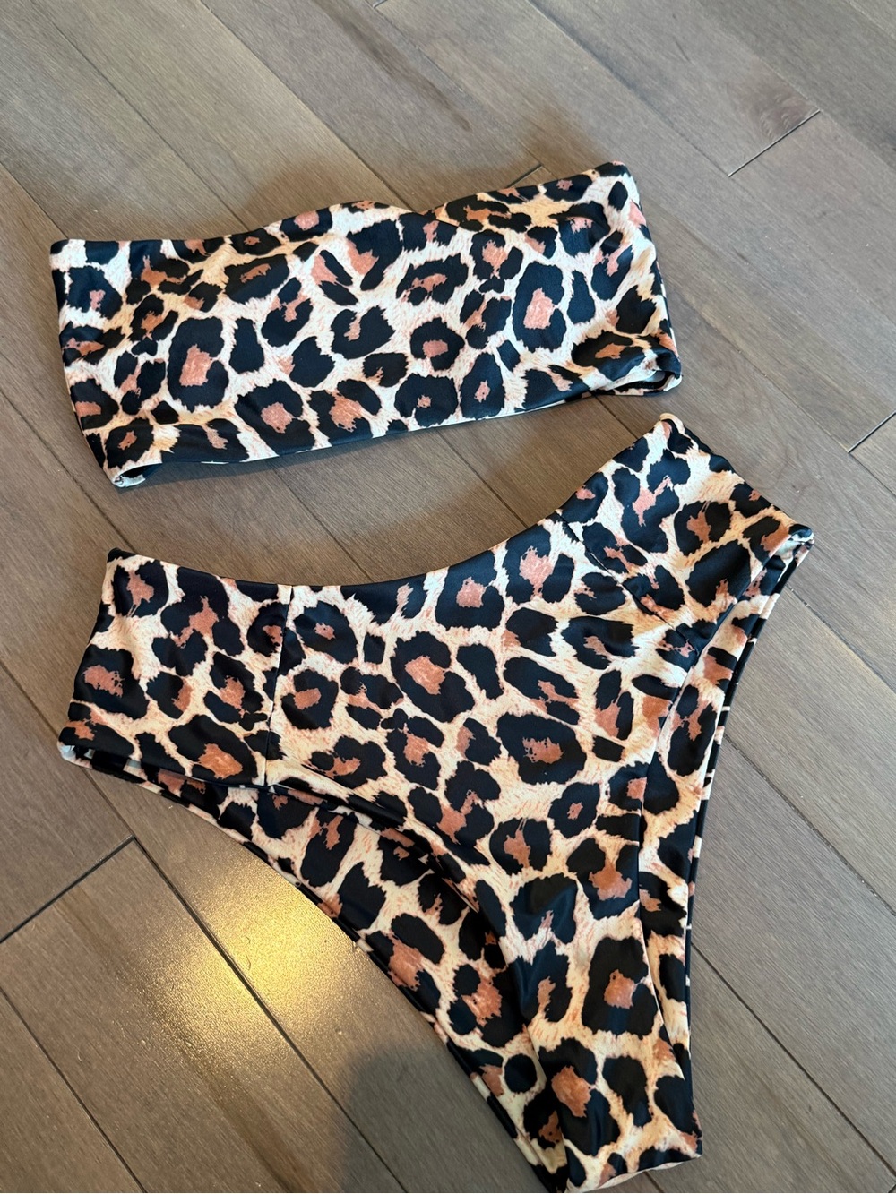 Leopard Print Bandeau Bikini Set - Brown & Black